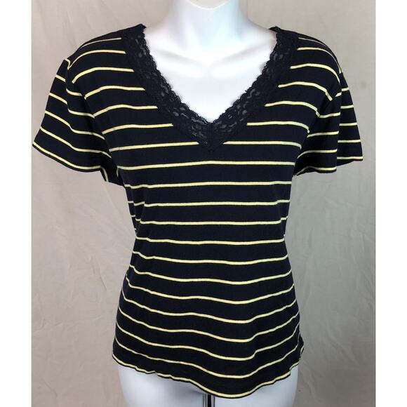 Vintage Ralph Lauren Top XL Blue/yellow Stripe Lace V-neck Tee 90s Y2K preppy - Picture 5 of 5